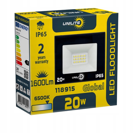 NAŚWIETLACZ REFLEKTOR LAMPA LED GARAŻOWA DO OGRODU UNILITE IP65 6500K 20W