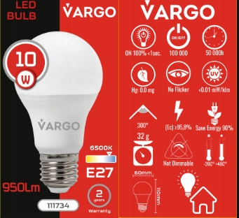 LED Żarówka VARGO A60 10W E27 950lm 6500K (V-111734)