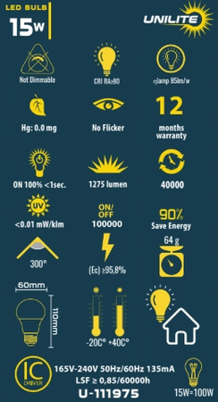 LED Żarówka UNILITE A60 15W E27 4000K (UL-111975)